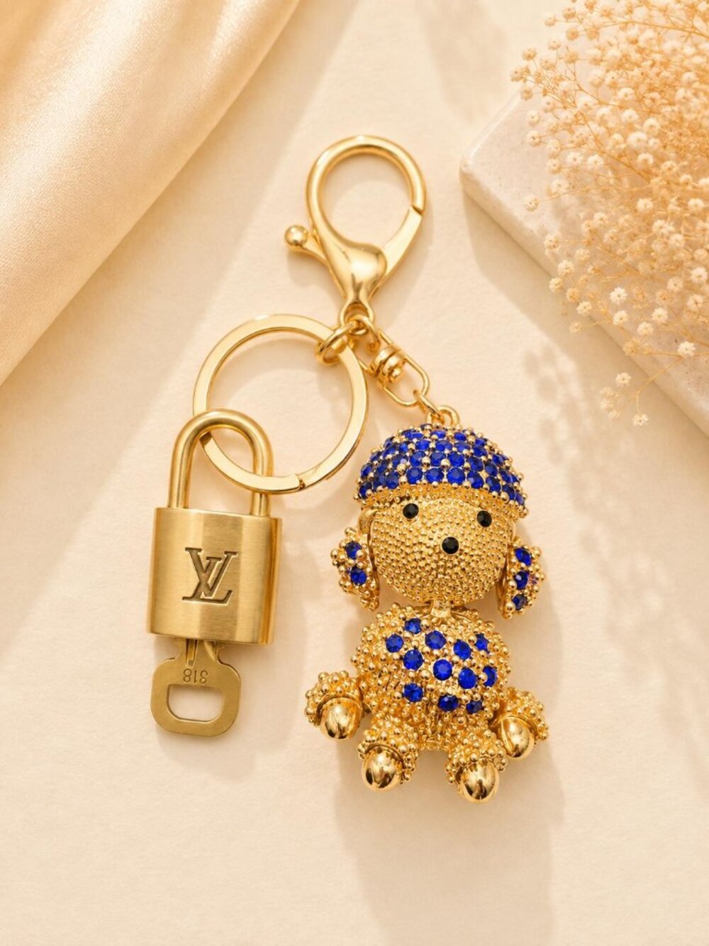 Authentic LV Gold Padlock 🔒Gold Rhinestone Poodle Dog Bag Charm Keychain